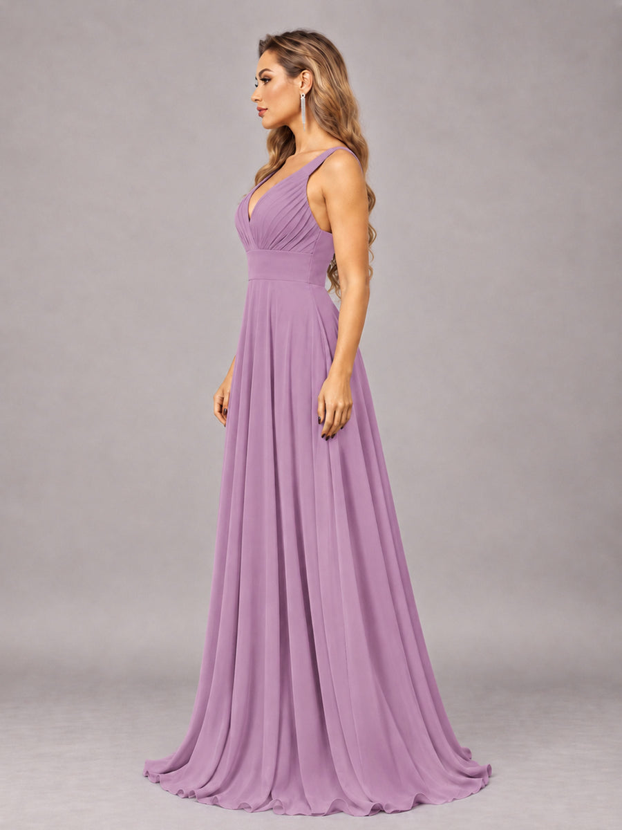 Dusty Purple Attractive Deep V-Neck Sleeveless Slit Chiffon Bridesmaid Dress