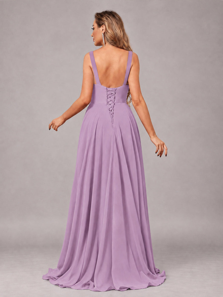 Dusty Purple Attractive Deep V-Neck Sleeveless Slit Chiffon Bridesmaid Dress