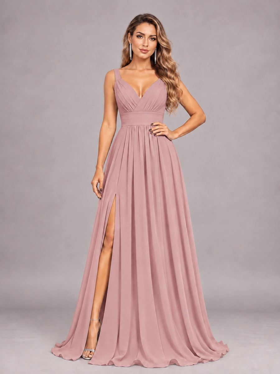 Dusty Rose Attractive Deep V-Neck Sleeveless Slit Chiffon Bridesmaid Dress