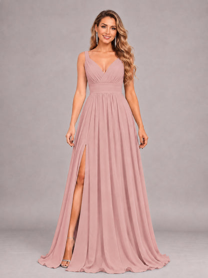Dusty Rose Attractive Deep V-Neck Sleeveless Slit Chiffon Bridesmaid Dress