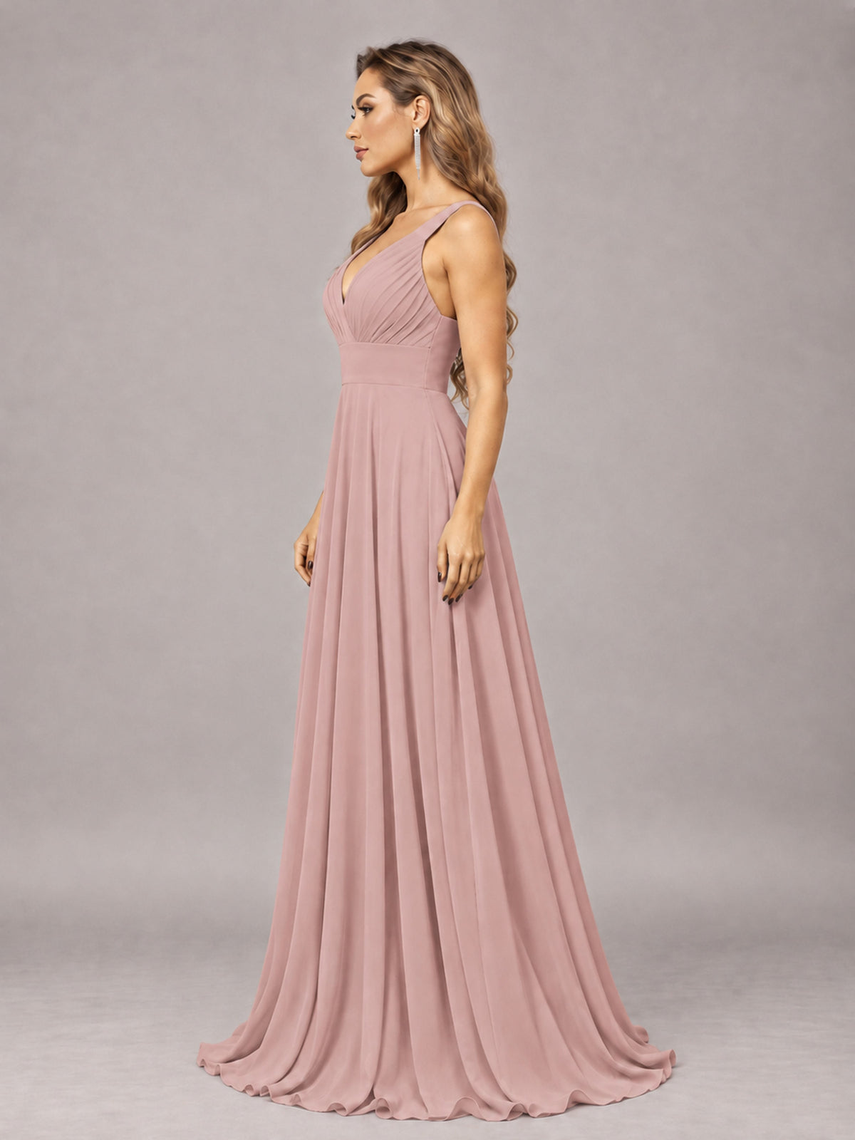 Dusty Rose Attractive Deep V-Neck Sleeveless Slit Chiffon Bridesmaid Dress