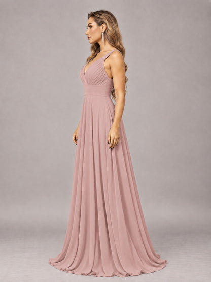Dusty Rose Attractive Deep V-Neck Sleeveless Slit Chiffon Bridesmaid Dress