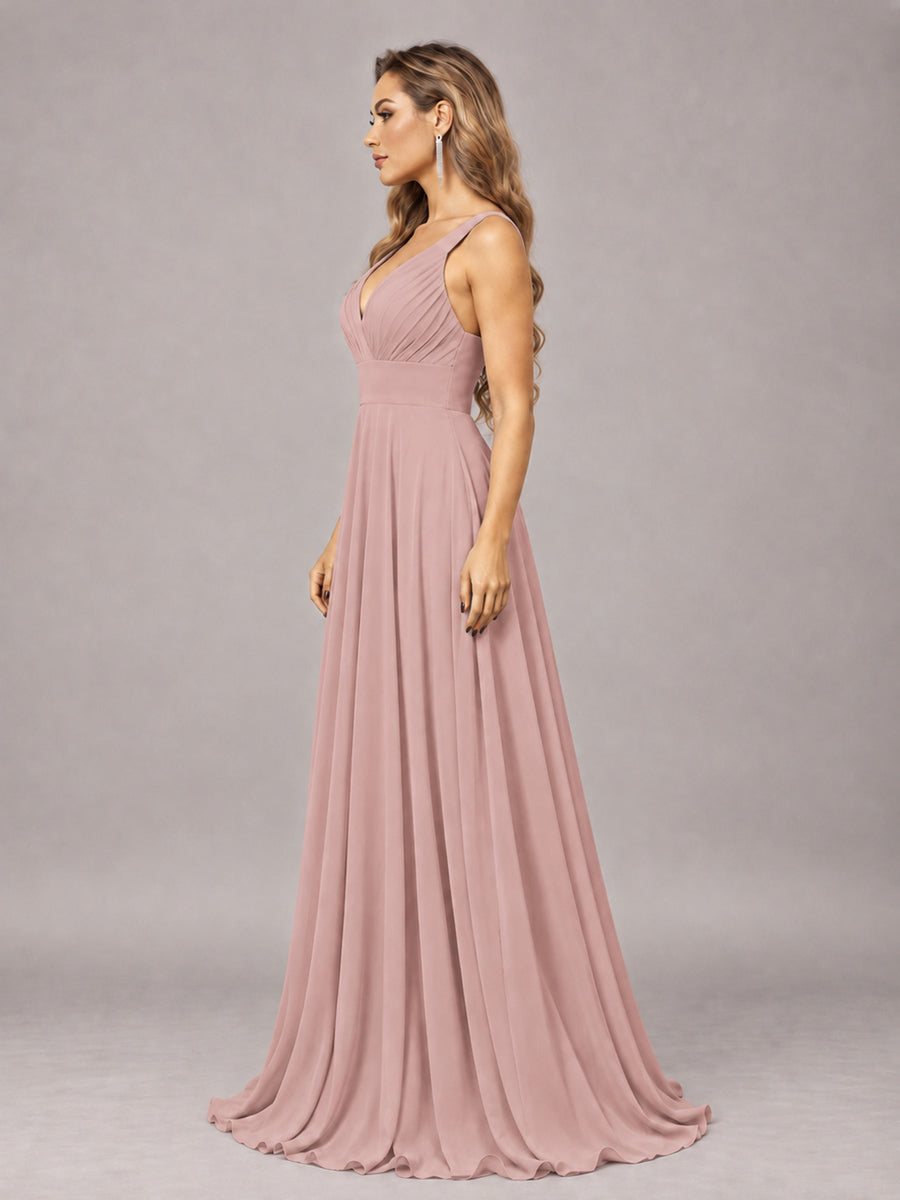 Dusty Rose Attractive Deep V-Neck Sleeveless Slit Chiffon Bridesmaid Dress