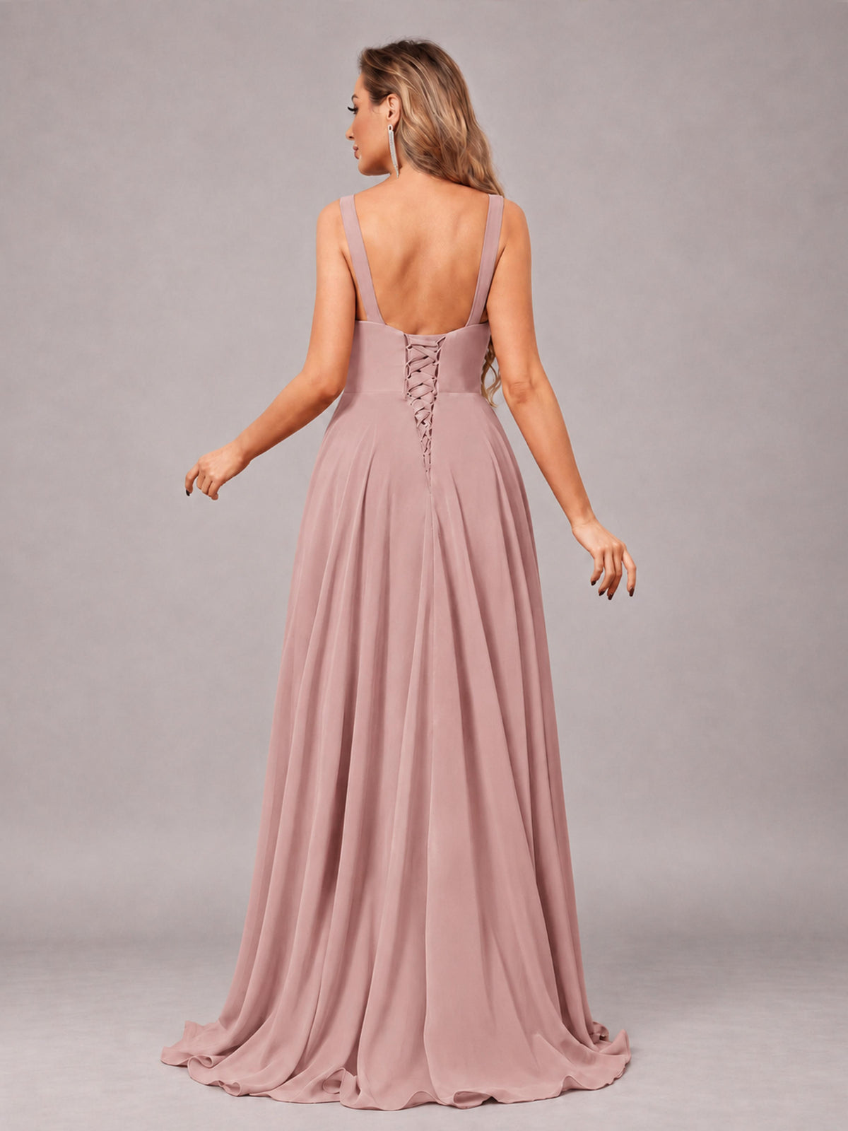 Dusty Rose Attractive Deep V-Neck Sleeveless Slit Chiffon Bridesmaid Dress