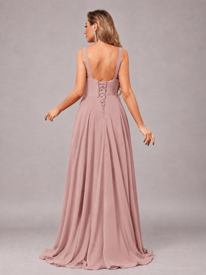 Dusty Rose Attractive Deep V-Neck Sleeveless Slit Chiffon Bridesmaid Dress