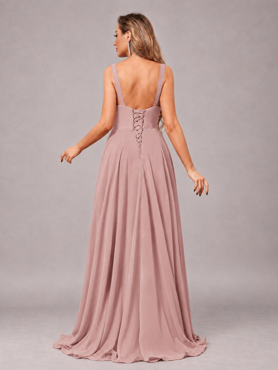 Dusty Rose Attractive Deep V-Neck Sleeveless Slit Chiffon Bridesmaid Dress