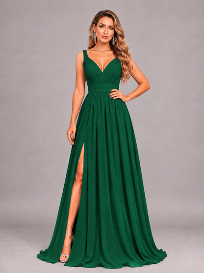 Emerald Green Attractive Deep V-Neck Sleeveless Slit Chiffon Bridesmaid Dress