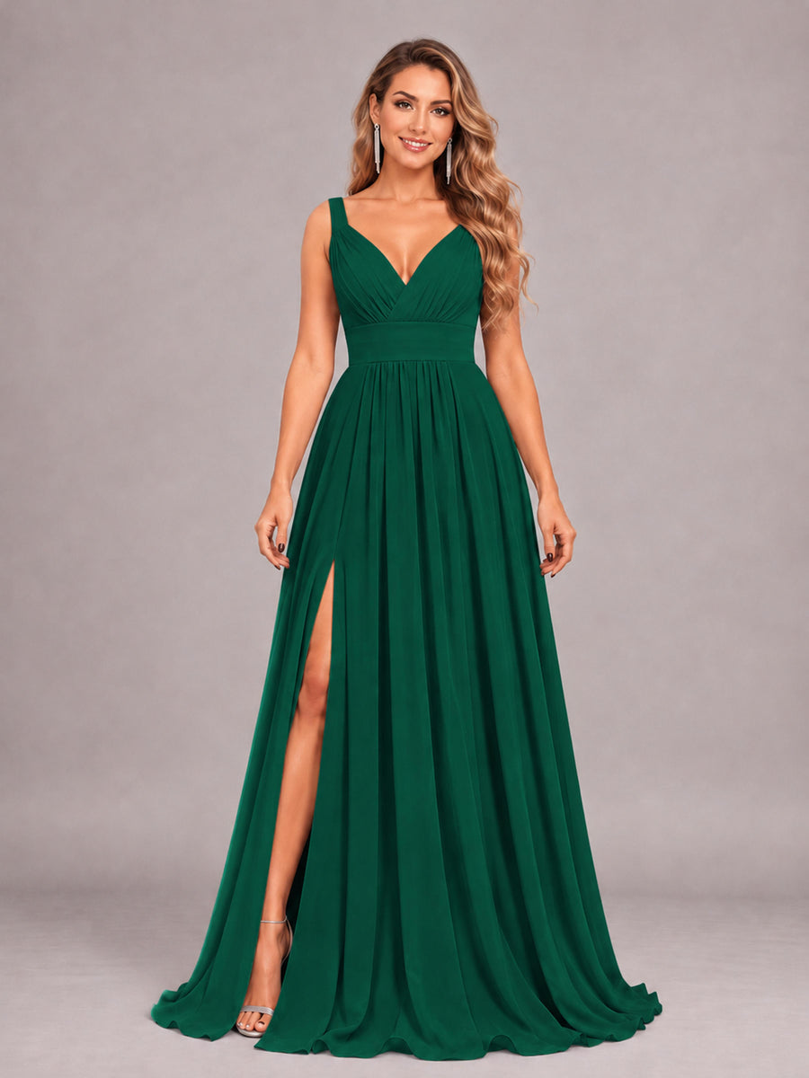 Emerald Green Attractive Deep V-Neck Sleeveless Slit Chiffon Bridesmaid Dress