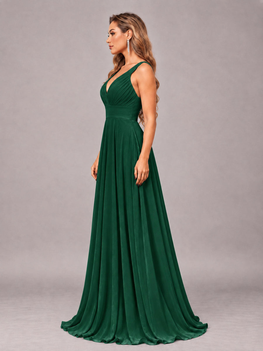 Emerald Green Attractive Deep V-Neck Sleeveless Slit Chiffon Bridesmaid Dress