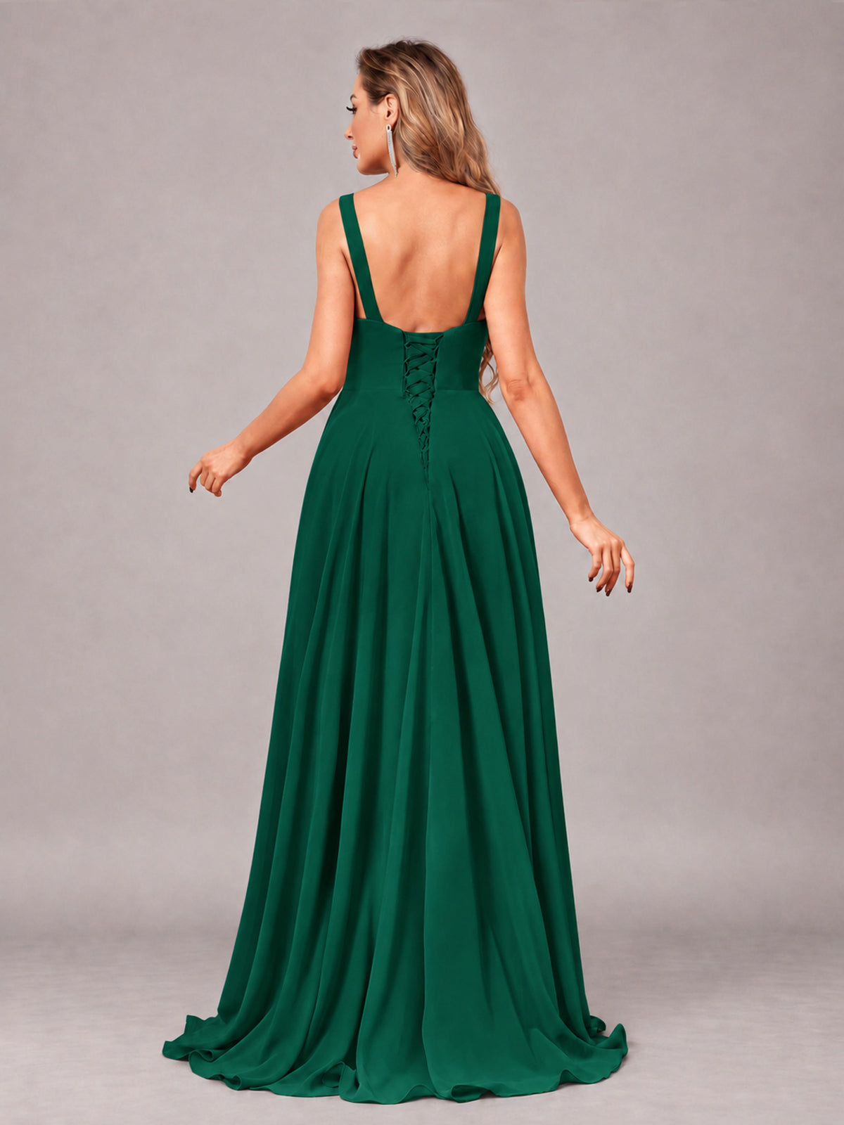 Emerald Green Attractive Deep V-Neck Sleeveless Slit Chiffon Bridesmaid Dress