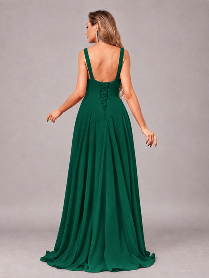 Emerald Green Attractive Deep V-Neck Sleeveless Slit Chiffon Bridesmaid Dress