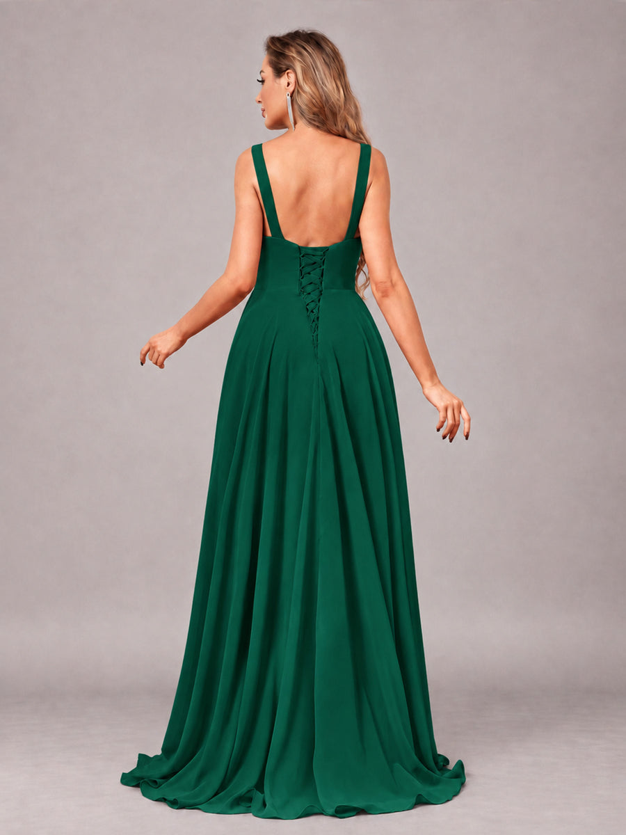 Emerald Green Attractive Deep V-Neck Sleeveless Slit Chiffon Bridesmaid Dress