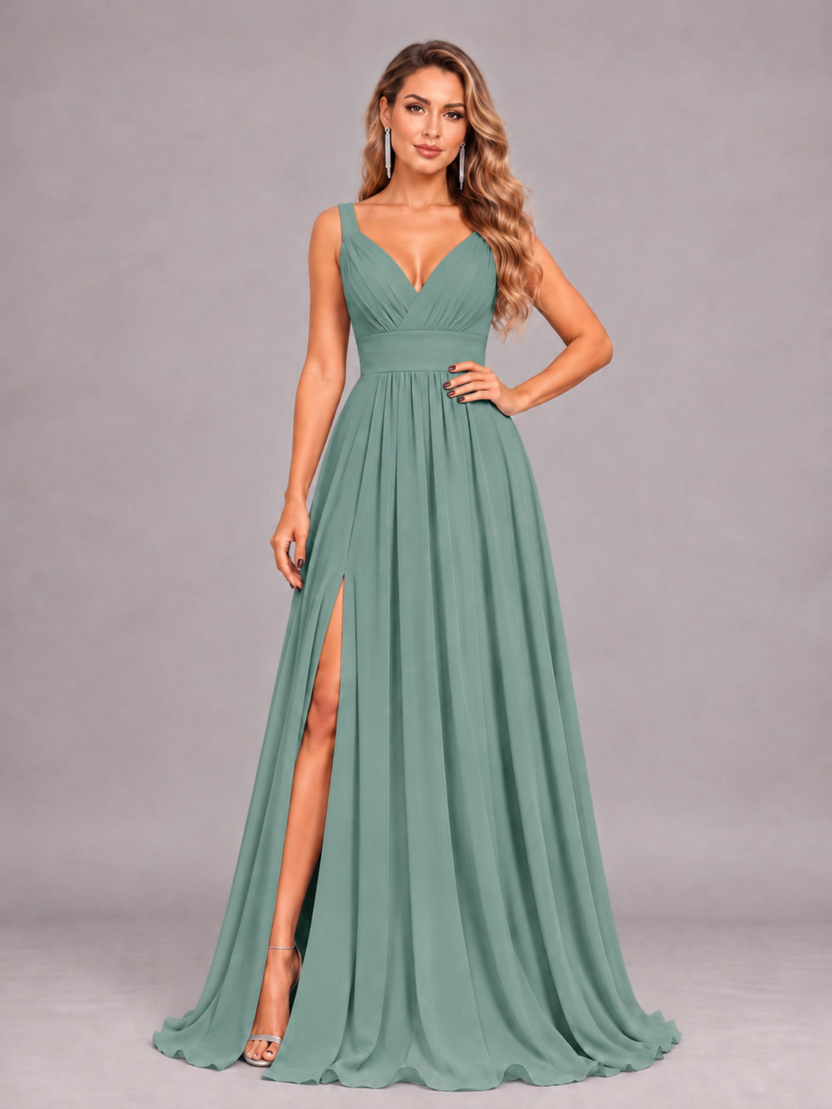 Eucalyptus Attractive Deep V-Neck Sleeveless Slit Chiffon Bridesmaid Dress