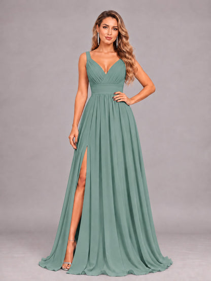 Eucalyptus Attractive Deep V-Neck Sleeveless Slit Chiffon Bridesmaid Dress