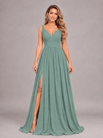 Eucalyptus Attractive Deep V-Neck Sleeveless Slit Chiffon Bridesmaid Dress