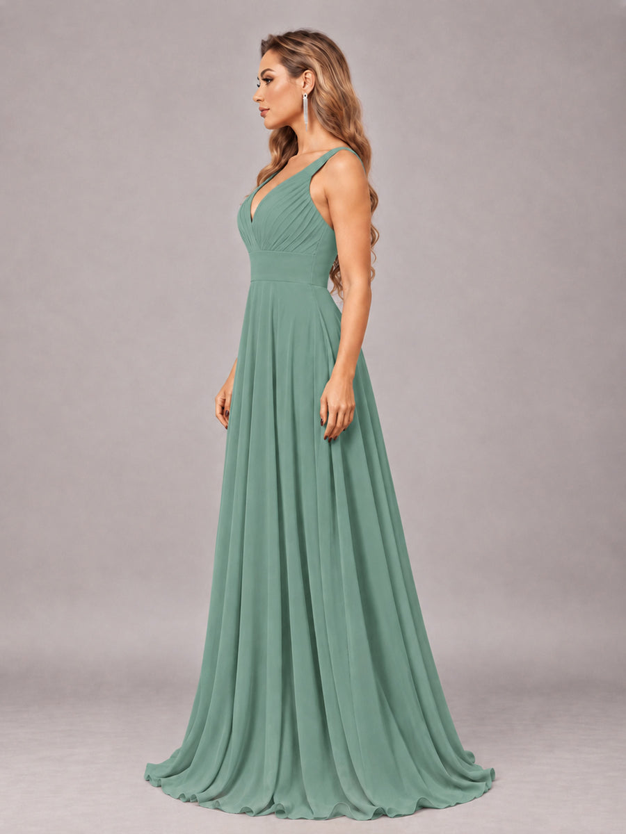 Eucalyptus Attractive Deep V-Neck Sleeveless Slit Chiffon Bridesmaid Dress