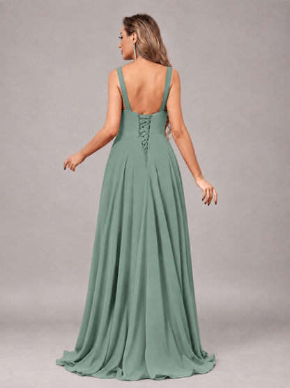 Eucalyptus Attractive Deep V-Neck Sleeveless Slit Chiffon Bridesmaid Dress