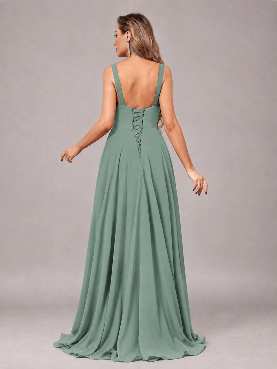 Eucalyptus Attractive Deep V-Neck Sleeveless Slit Chiffon Bridesmaid Dress