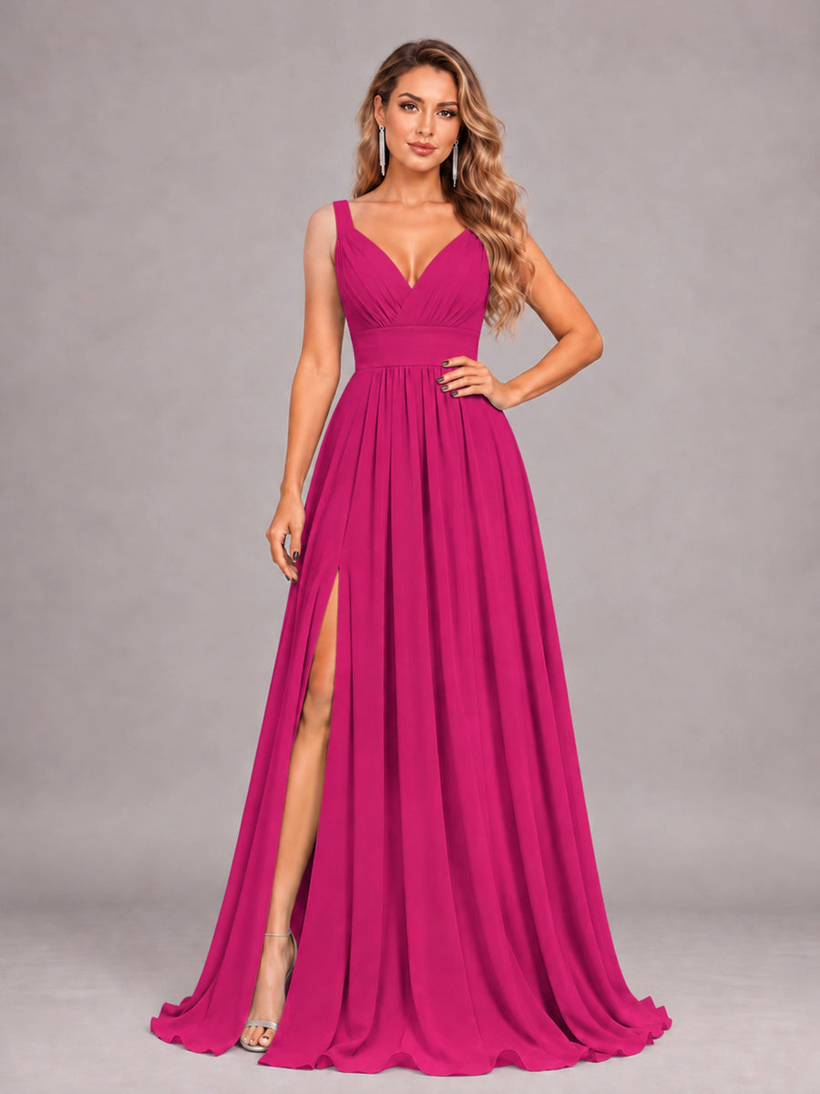 Fuchsia Attractive Deep V-Neck Sleeveless Slit Chiffon Bridesmaid Dress