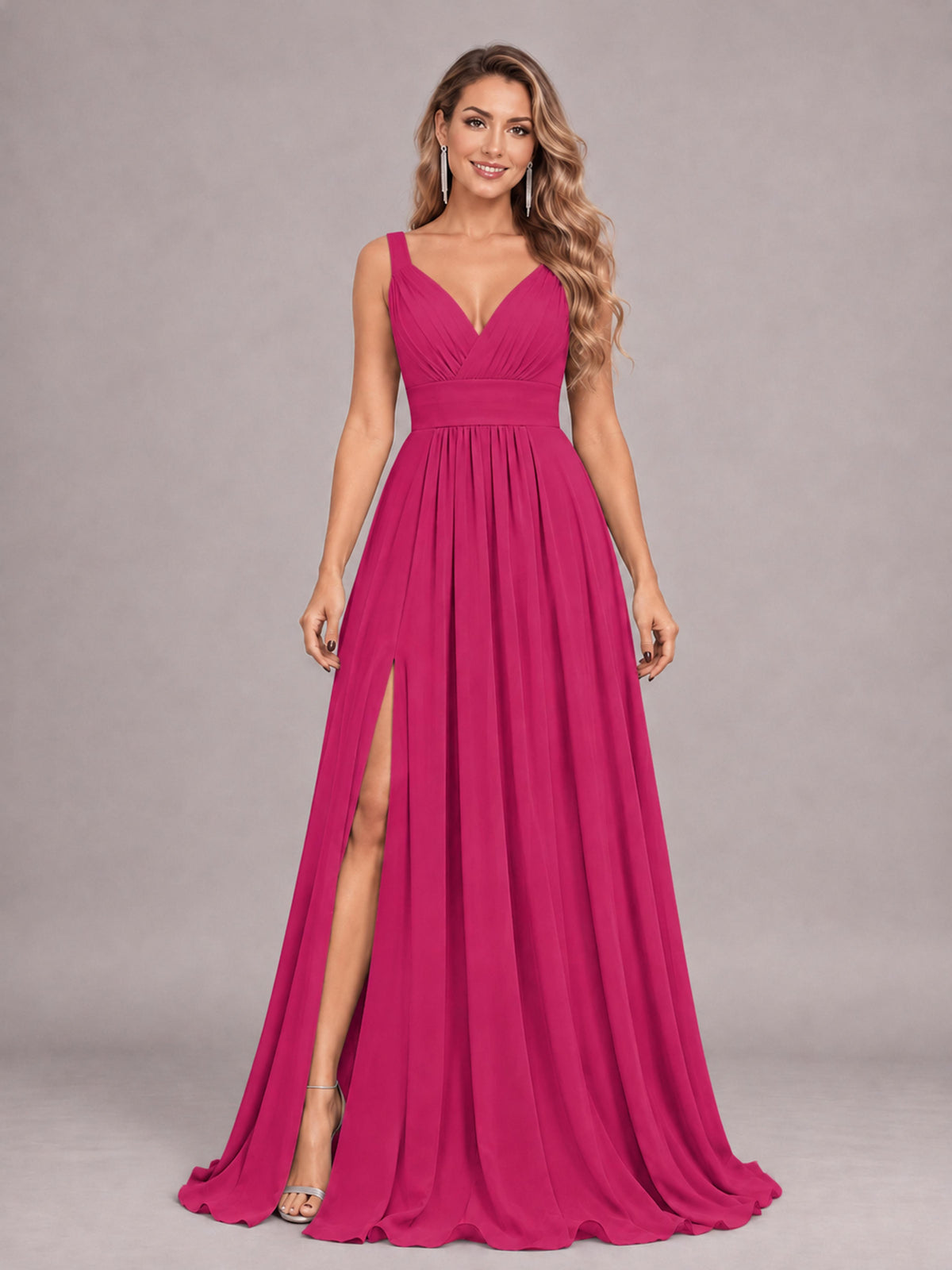 Fuchsia Attractive Deep V-Neck Sleeveless Slit Chiffon Bridesmaid Dress