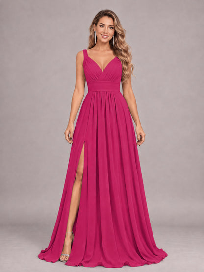 Fuchsia Attractive Deep V-Neck Sleeveless Slit Chiffon Bridesmaid Dress