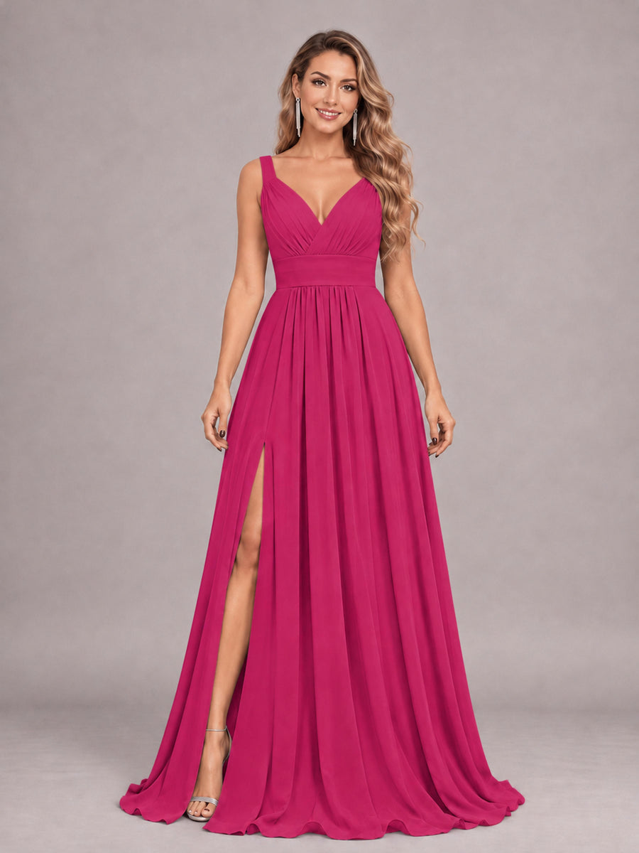 Fuchsia Attractive Deep V-Neck Sleeveless Slit Chiffon Bridesmaid Dress