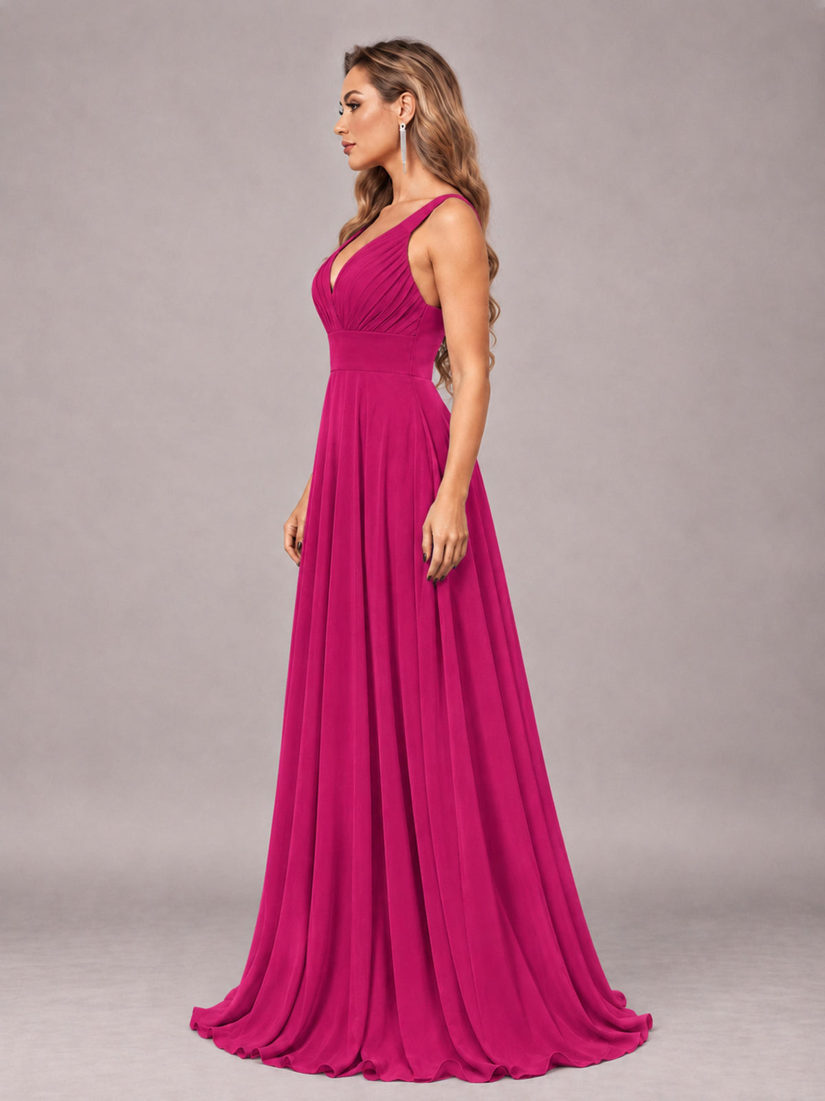 Fuchsia Attractive Deep V-Neck Sleeveless Slit Chiffon Bridesmaid Dress