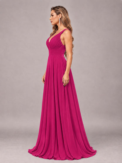 Fuchsia Attractive Deep V-Neck Sleeveless Slit Chiffon Bridesmaid Dress