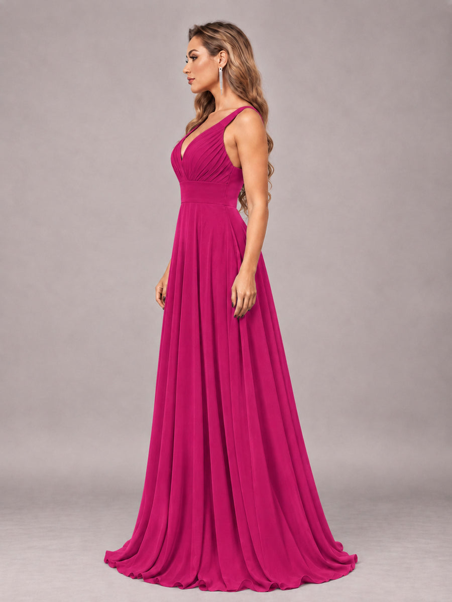 Fuchsia Attractive Deep V-Neck Sleeveless Slit Chiffon Bridesmaid Dress