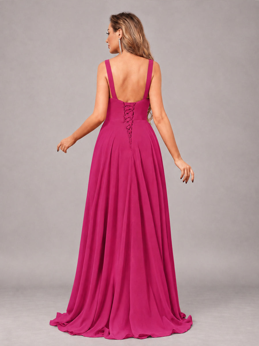 Fuchsia Attractive Deep V-Neck Sleeveless Slit Chiffon Bridesmaid Dress