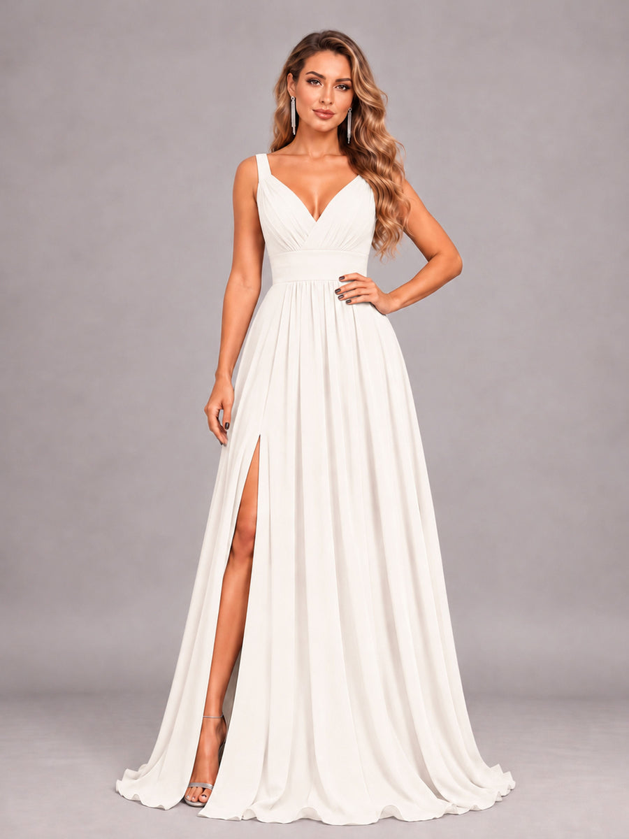 Ivory Attractive Deep V-Neck Sleeveless Slit Chiffon Bridesmaid Dress