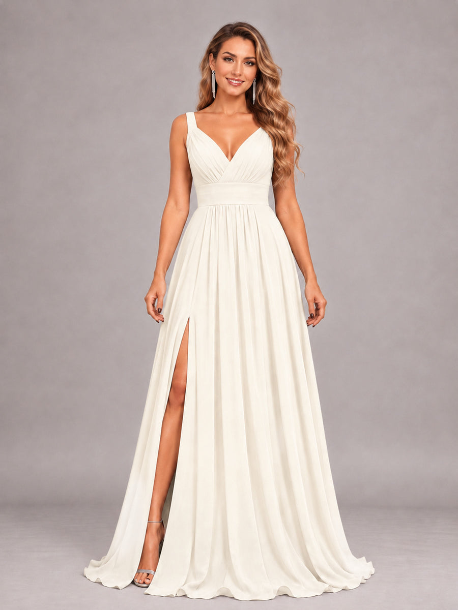 Ivory Attractive Deep V-Neck Sleeveless Slit Chiffon Bridesmaid Dress