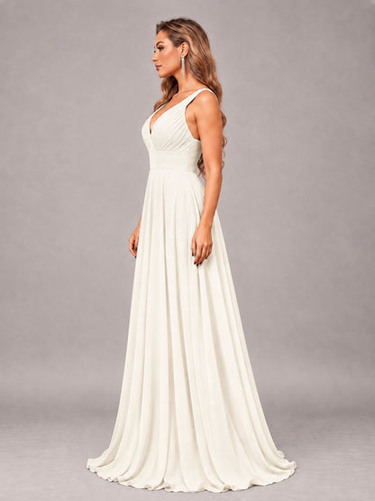 Ivory Attractive Deep V-Neck Sleeveless Slit Chiffon Bridesmaid Dress