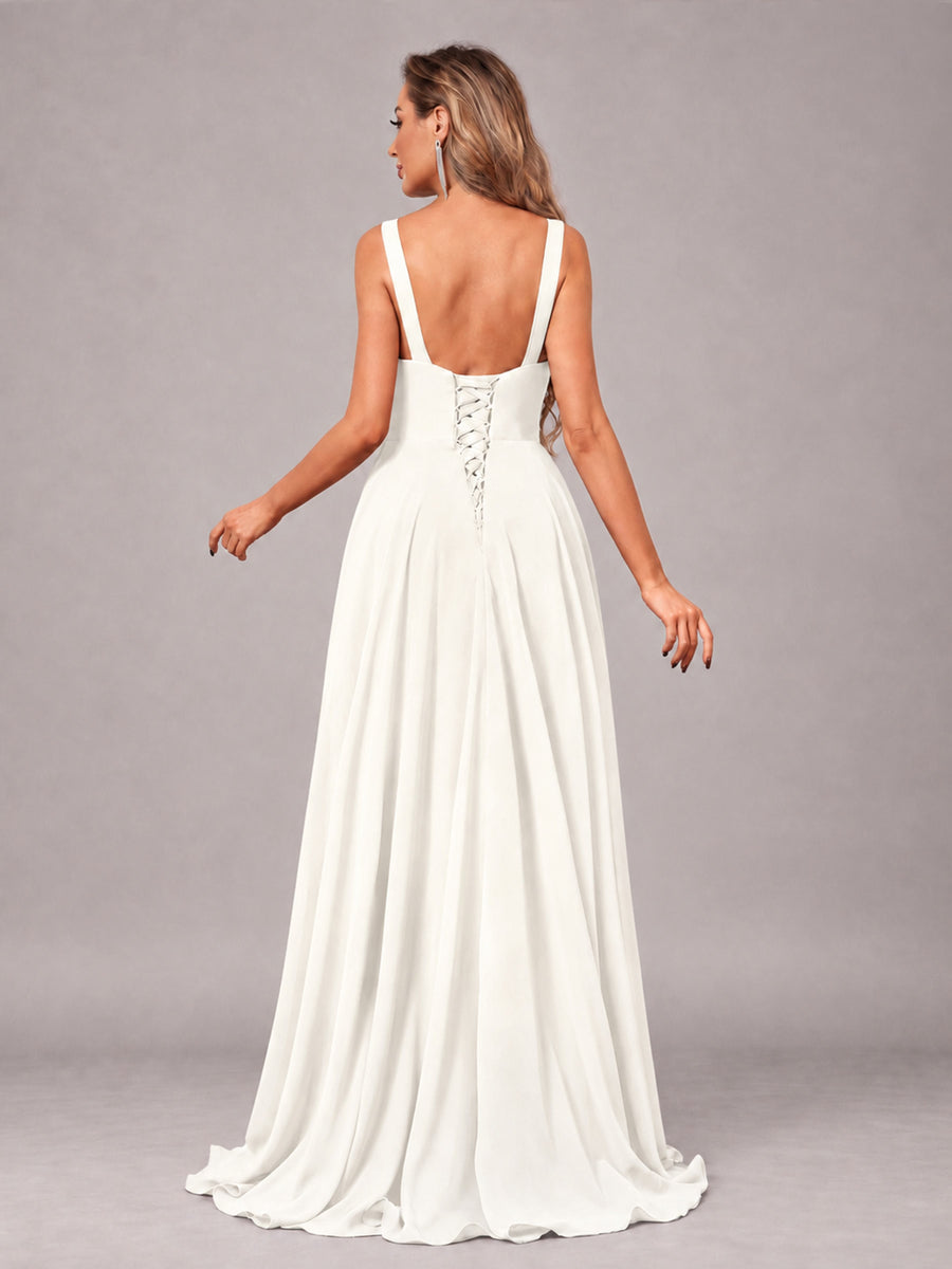 Ivory Attractive Deep V-Neck Sleeveless Slit Chiffon Bridesmaid Dress
