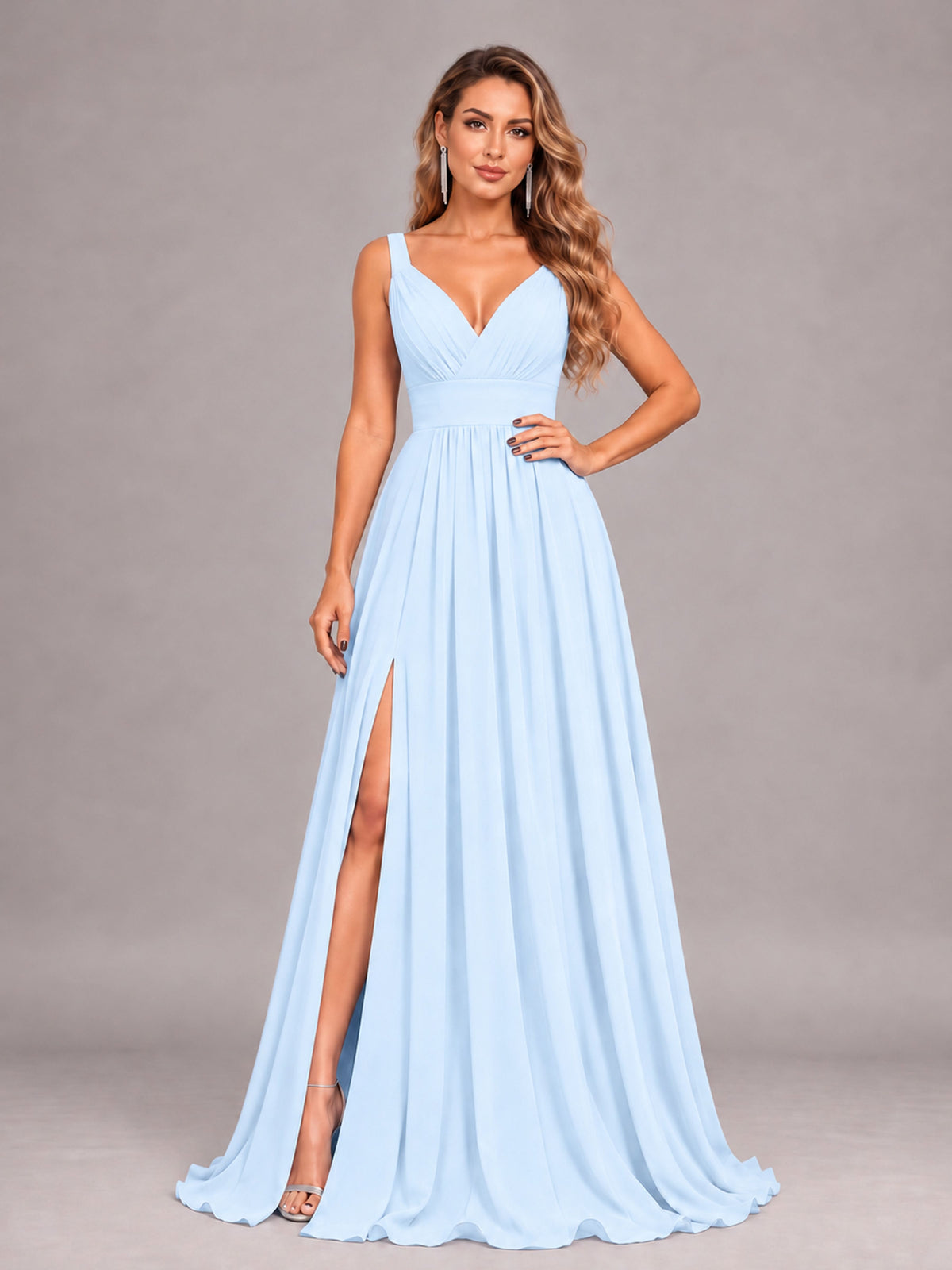 Light Blue Attractive Deep V-Neck Sleeveless Slit Chiffon Bridesmaid Dress