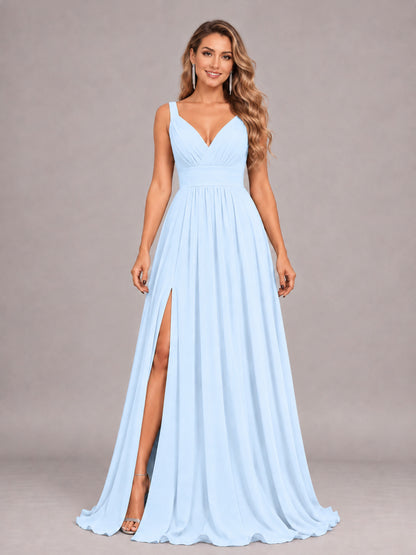 Light Blue Attractive Deep V-Neck Sleeveless Slit Chiffon Bridesmaid Dress