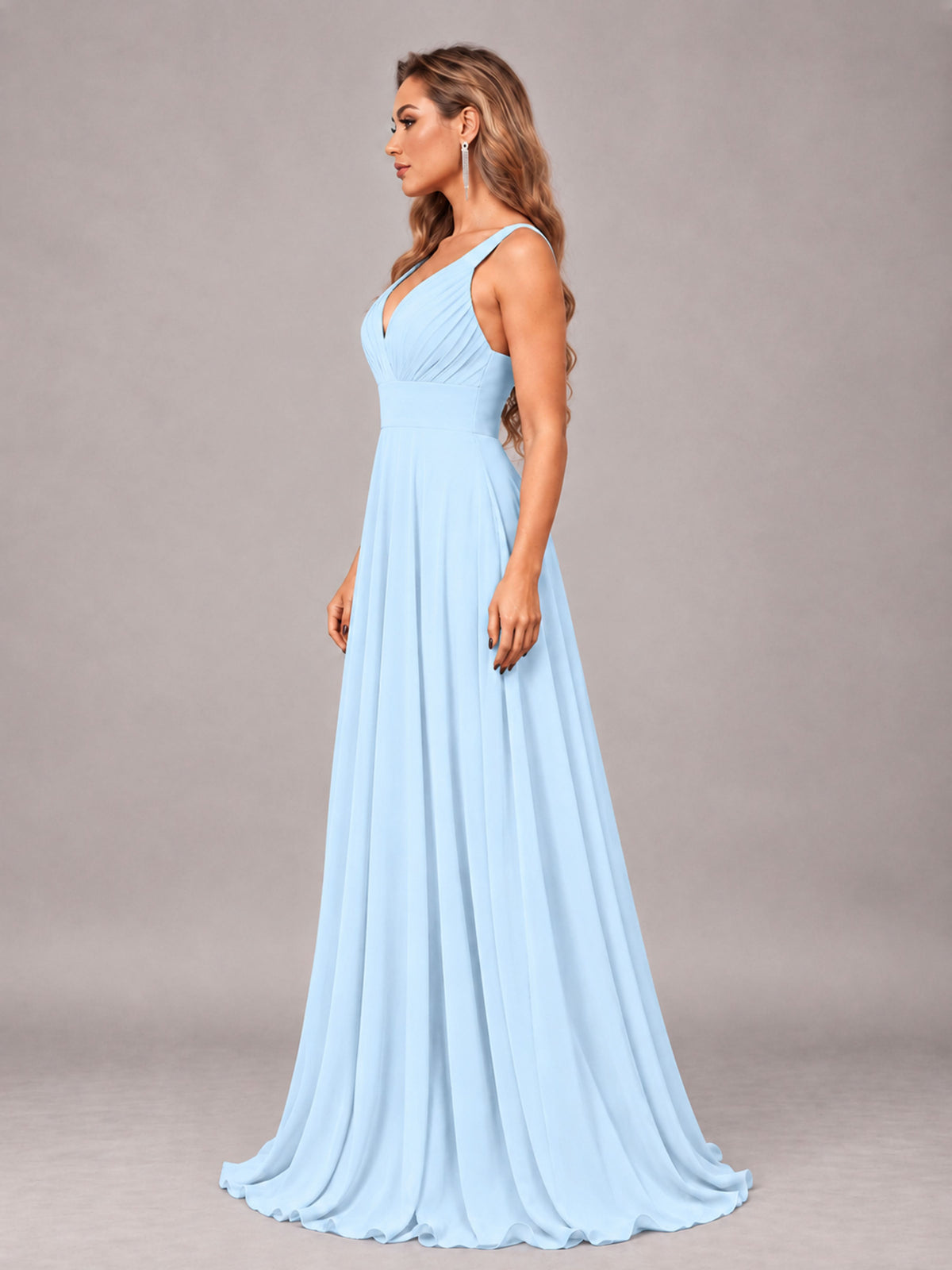 Light Blue Attractive Deep V-Neck Sleeveless Slit Chiffon Bridesmaid Dress