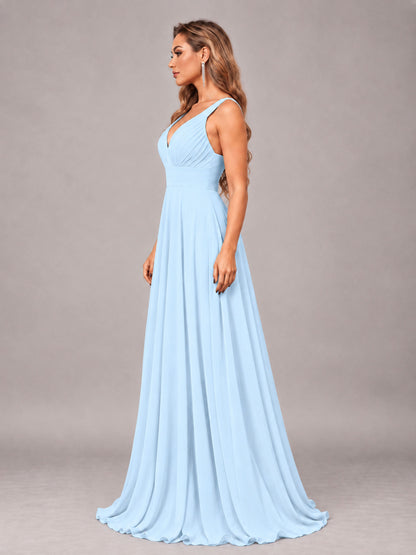 Light Blue Attractive Deep V-Neck Sleeveless Slit Chiffon Bridesmaid Dress