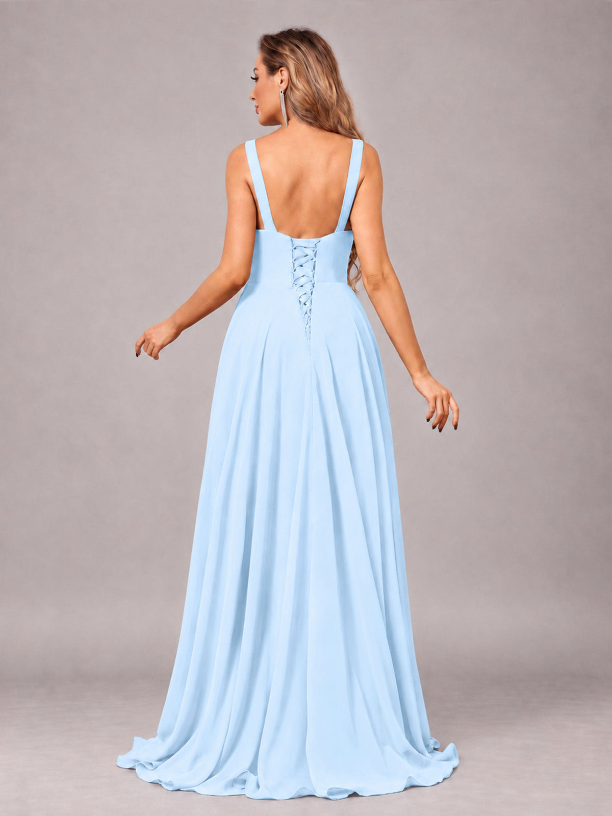 Light Blue Attractive Deep V-Neck Sleeveless Slit Chiffon Bridesmaid Dress