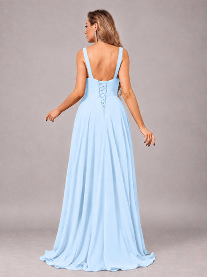 Light Blue Attractive Deep V-Neck Sleeveless Slit Chiffon Bridesmaid Dress
