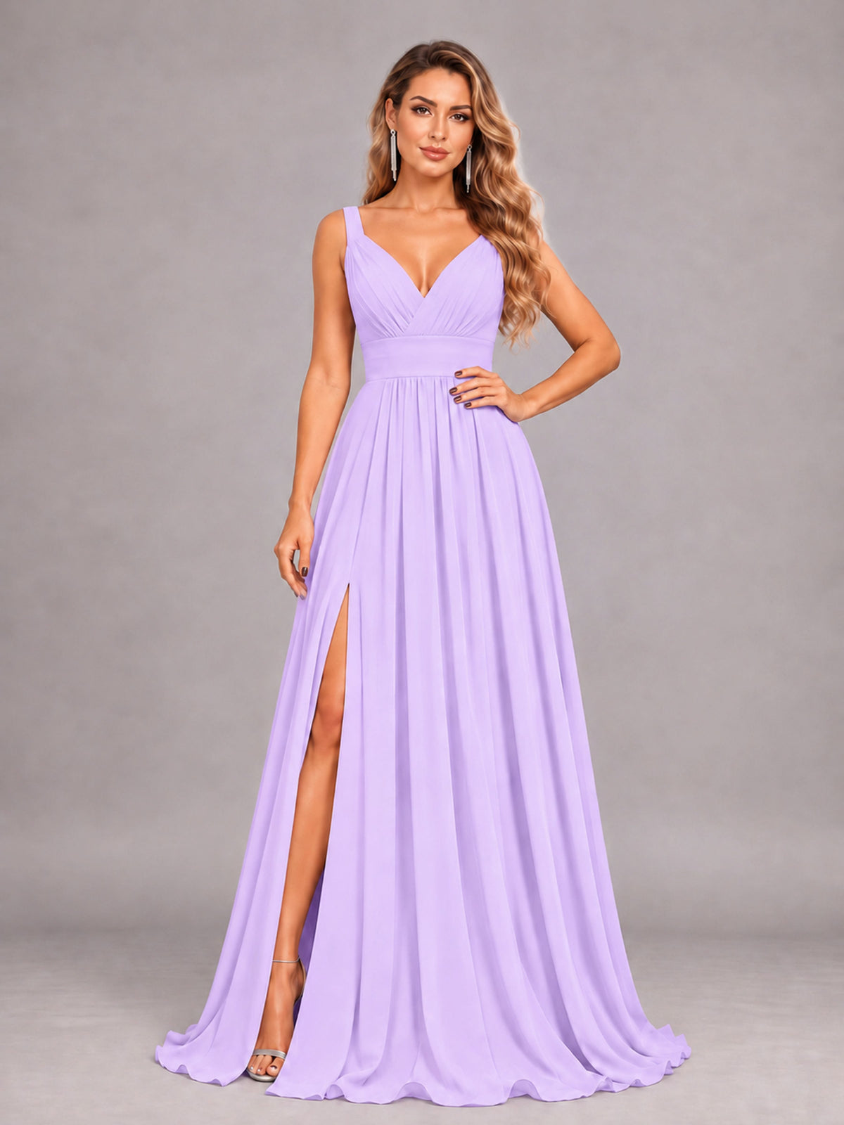 Lilac Attractive Deep V-Neck Sleeveless Slit Chiffon Bridesmaid Dress