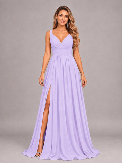 Lilac Attractive Deep V-Neck Sleeveless Slit Chiffon Bridesmaid Dress