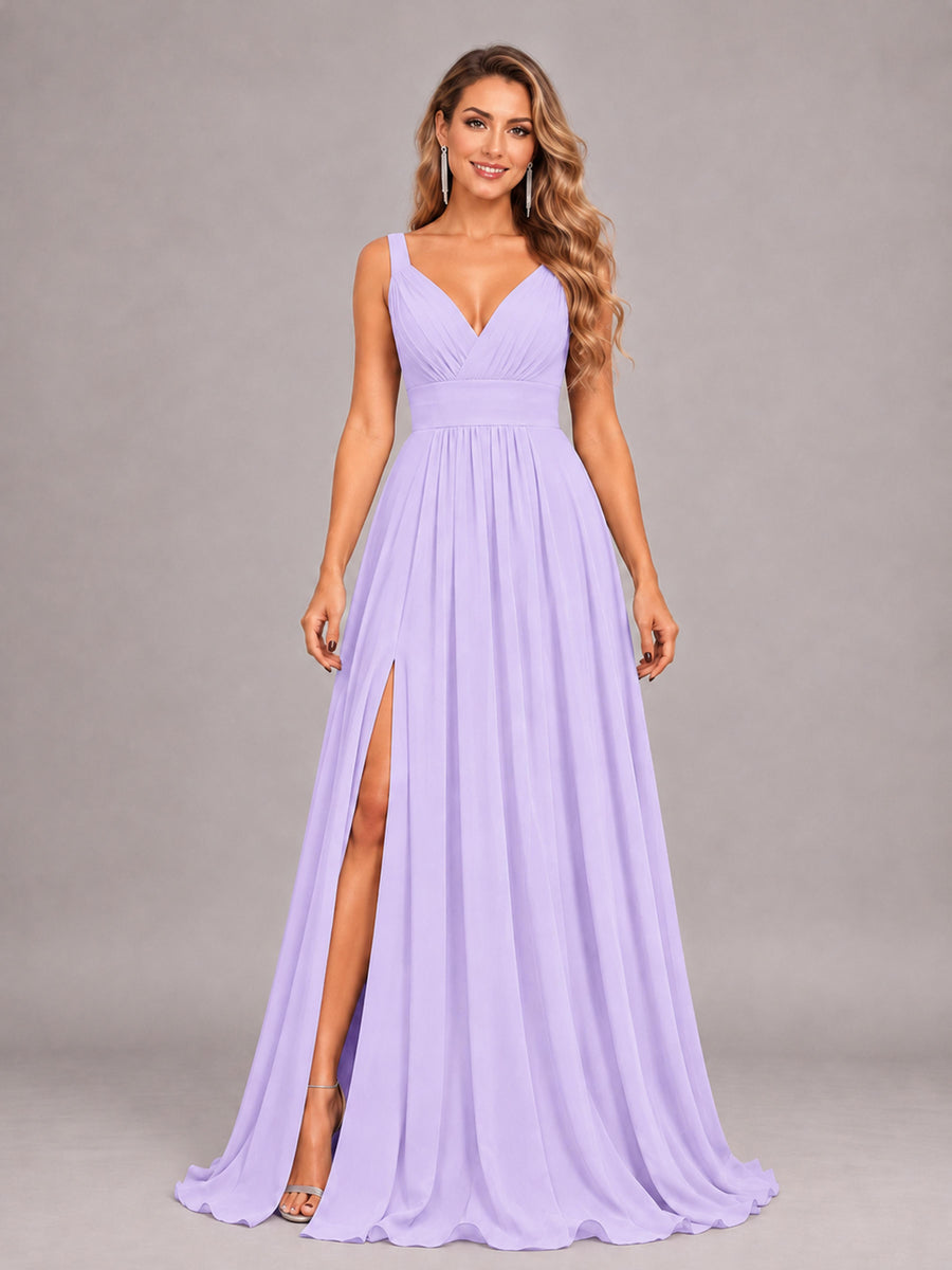Lilac Attractive Deep V-Neck Sleeveless Slit Chiffon Bridesmaid Dress