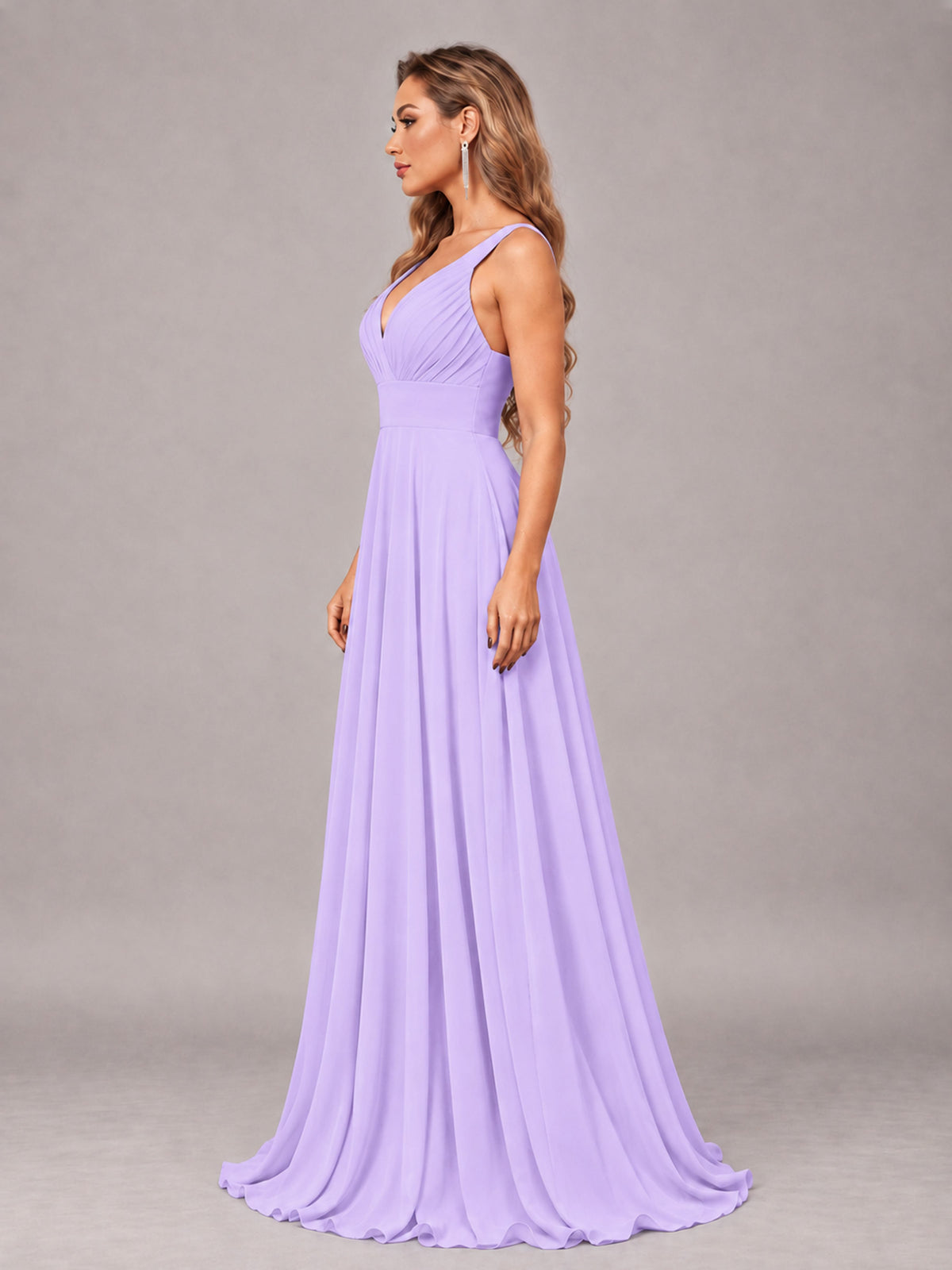Lilac Attractive Deep V-Neck Sleeveless Slit Chiffon Bridesmaid Dress