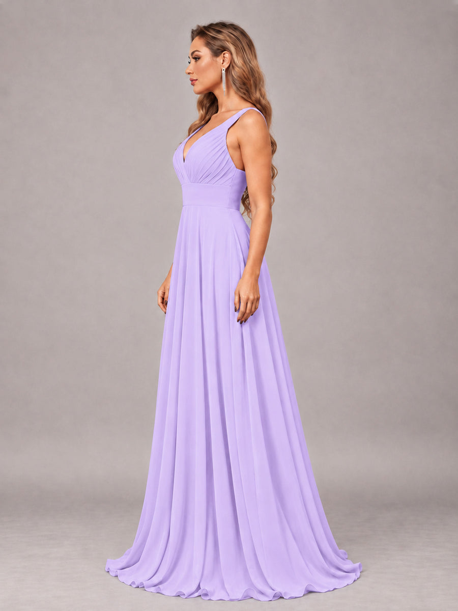 Lilac Attractive Deep V-Neck Sleeveless Slit Chiffon Bridesmaid Dress