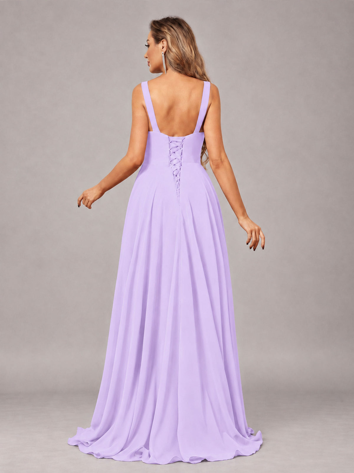 Lilac Attractive Deep V-Neck Sleeveless Slit Chiffon Bridesmaid Dress