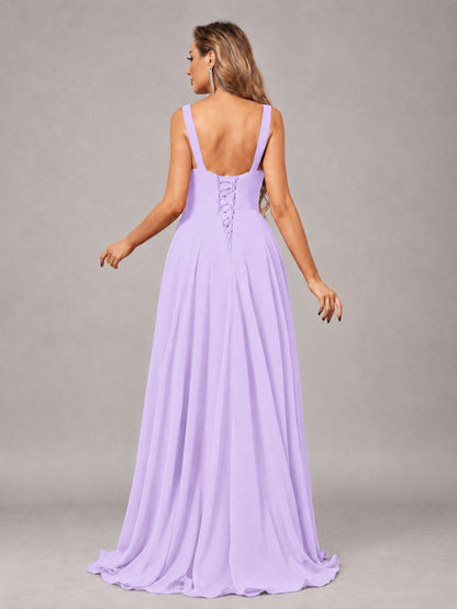 Lilac Attractive Deep V-Neck Sleeveless Slit Chiffon Bridesmaid Dress