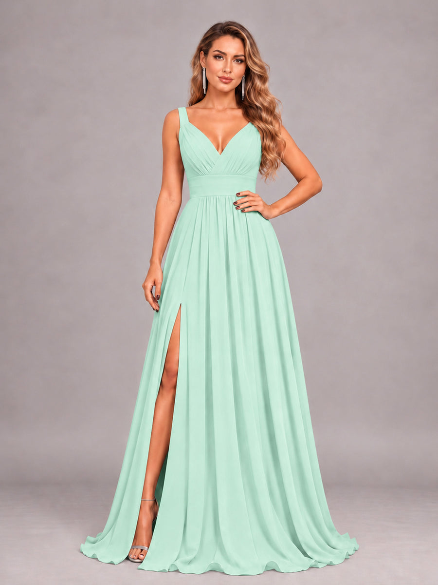 Mint Green Attractive Deep V-Neck Sleeveless Slit Chiffon Bridesmaid Dress