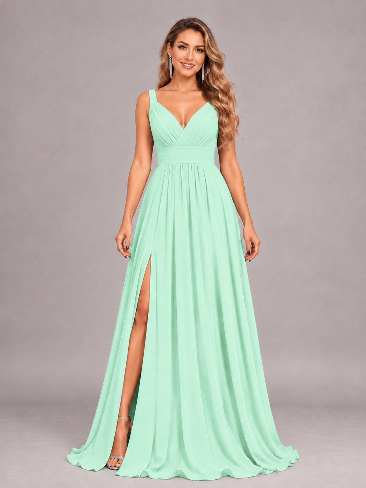 Mint Green Attractive Deep V-Neck Sleeveless Slit Chiffon Bridesmaid Dress
