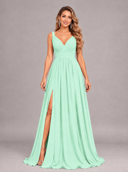 Mint Green Attractive Deep V-Neck Sleeveless Slit Chiffon Bridesmaid Dress